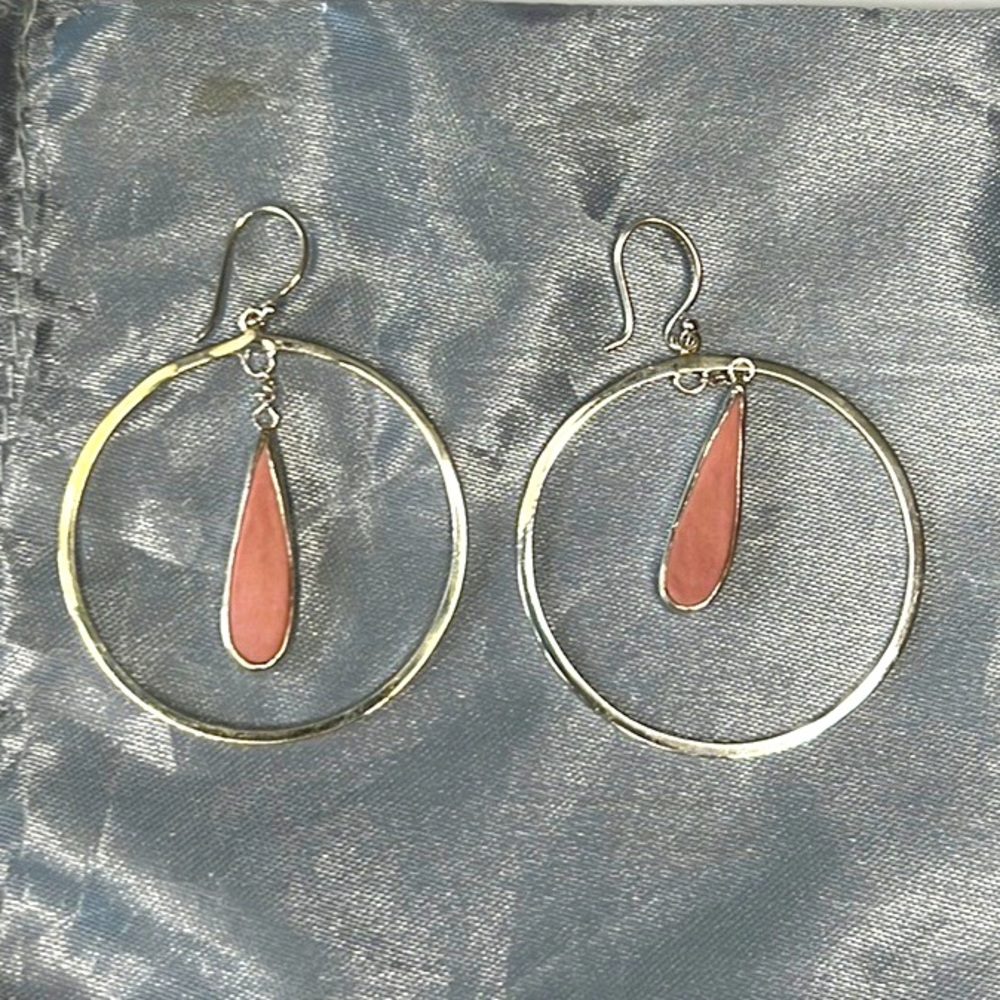 Silver hoops with Pink Enamel Drop Inlay, Handmade by Sarah Blaine
